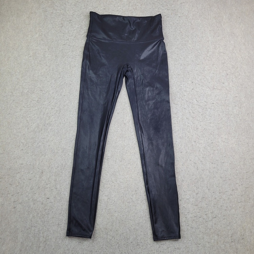 Spanx Leggings Womens Medium Black Faux Leather Shiny Pull On Stretch Ankle